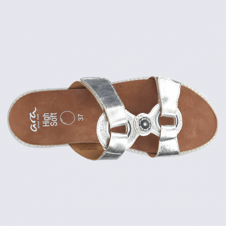 Mules Ara, mules à brides velcro femme en cuir argent