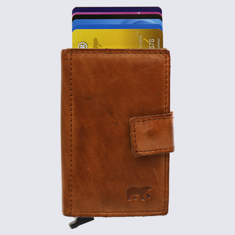 Mini portefeuille Bear, mini portefeuilles intelligent en cuir cognac