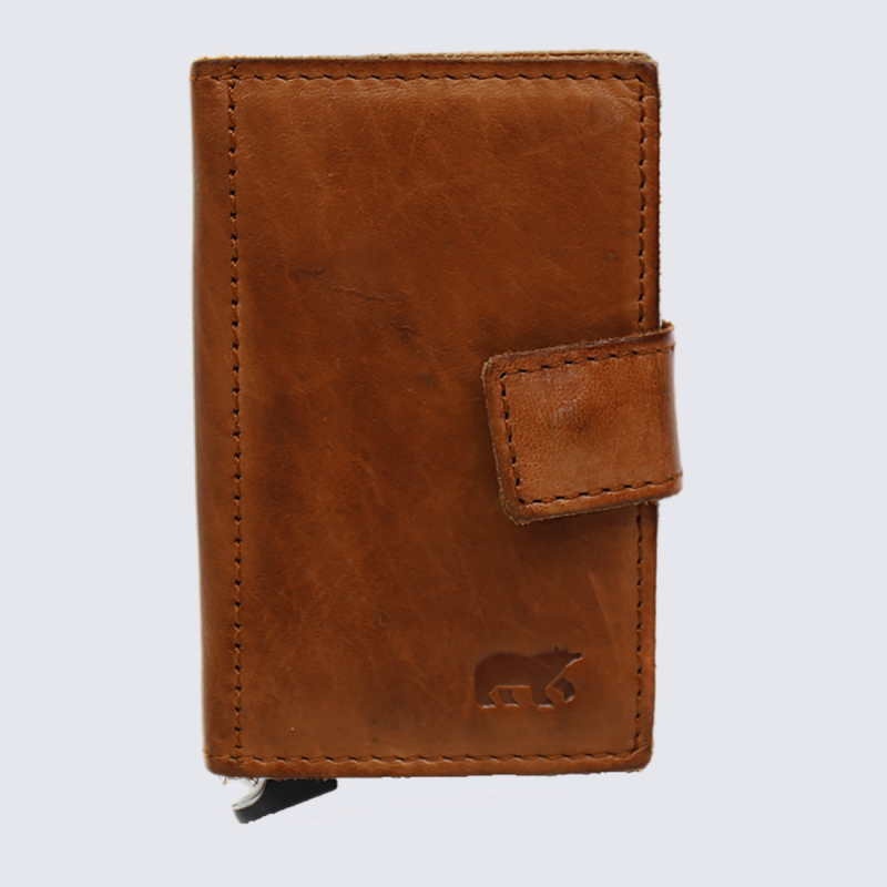 Mini portefeuille Bear, mini portefeuilles intelligent en cuir cognac