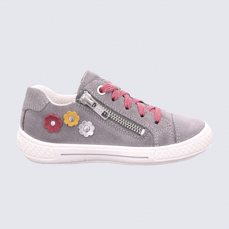 Baskets Superfit, baskets à fleurs filles en cuir gris clair