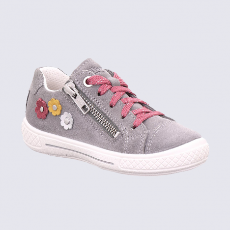 Baskets Superfit, baskets à fleurs filles en cuir gris clair