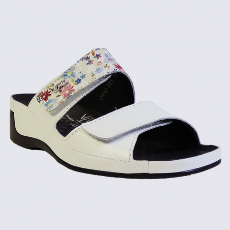 Mules Vital, mules confortables femme en cuir fleurs blanc