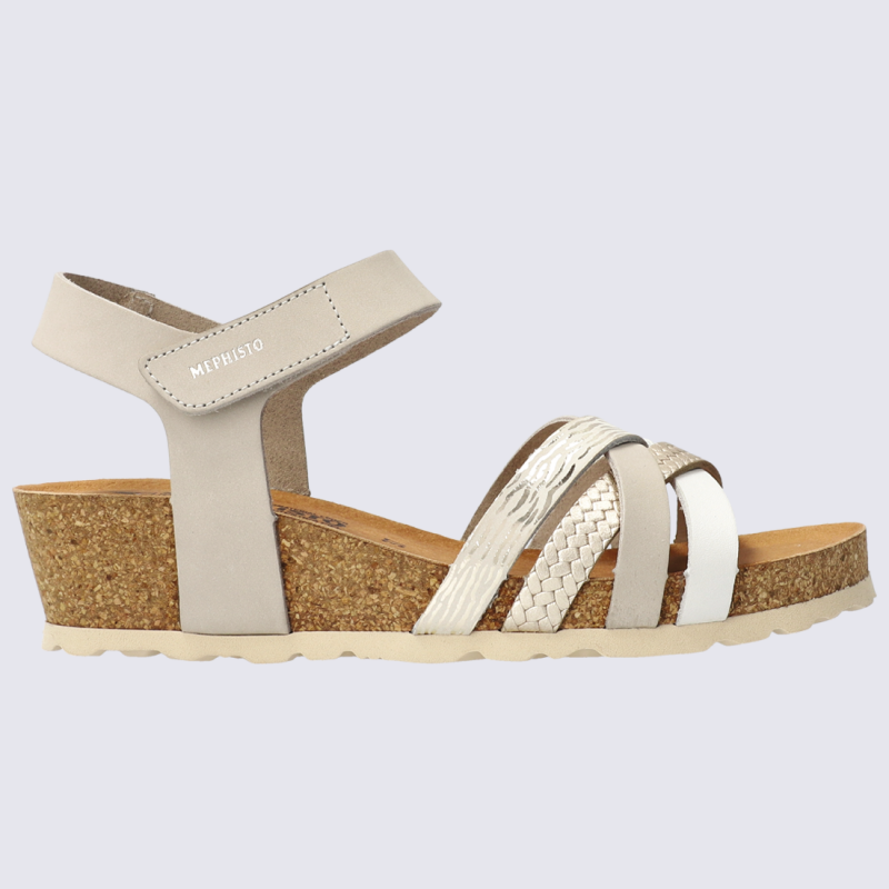 Sandales Mephisto, sandales à talons compensés femme en cuir nubuck brouillard
