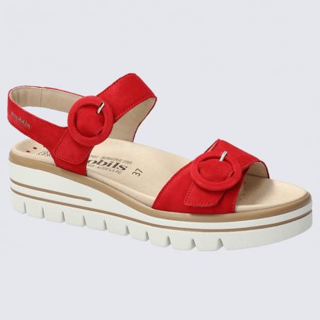 Sandales Mobils, sandales à talons compensés femme en cuir velours rouge