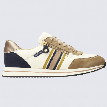 Baskets Mephisto, baskets tendances femme en cuir blanc, bleu et taupe clair