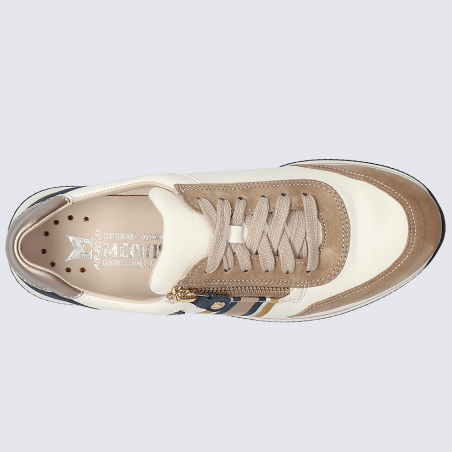 Baskets Mephisto, baskets tendances femme en cuir blanc, bleu et taupe clair