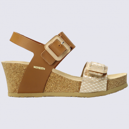 Sandales Mephisto, sandales à talon compensé femme en cuir camel