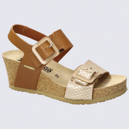 Sandales Mephisto, sandales à talon compensé femme en cuir camel