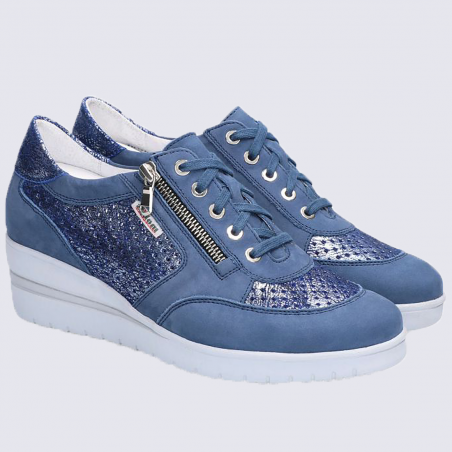 Baskets Mobils, baskets perforées femme en cuir nubuck bleu denim