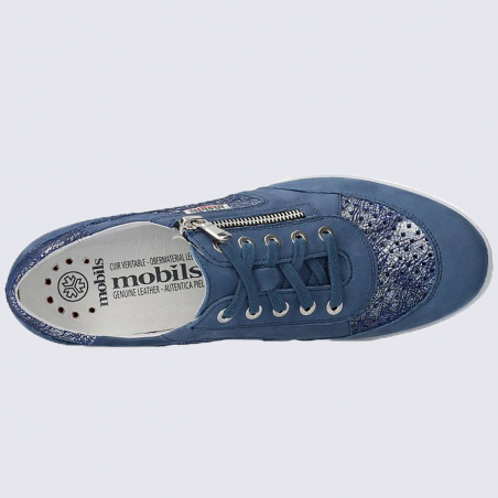 Baskets Mobils, baskets perforées femme en cuir nubuck bleu denim