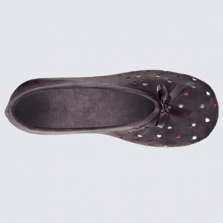 Chaussons Isotoner, chaussons ballerines femme à pois brodés gris