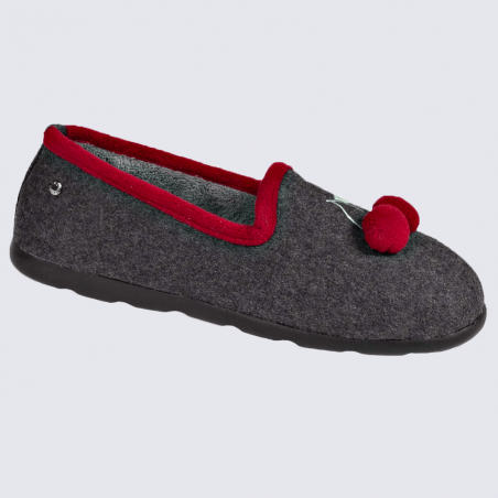 Chaussons Isotoner, chaussons charentaises motif cerise femme gris foncé