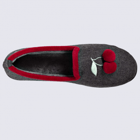 Chaussons Isotoner, chaussons charentaises motif cerise femme gris foncé