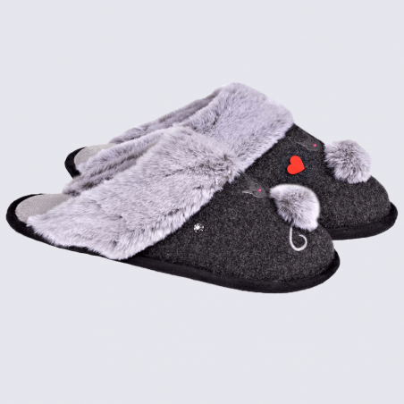 Chaussons Isotoner, chaussons mules motif chat femme marine
