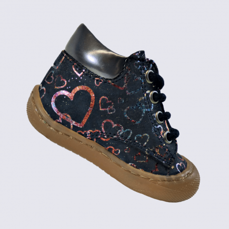 Chaussures Bellamy, chaussures à lacets imprimé cœur bébés filles en cuir bleu
