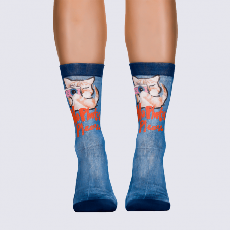Chaussettes Wigglesteps, chaussettes tendances à motif chat femme bleu
