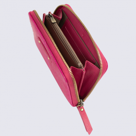 Porte-monnaie Hexagona, porte-monnaie stop RFID femme en cuir rose fuschia