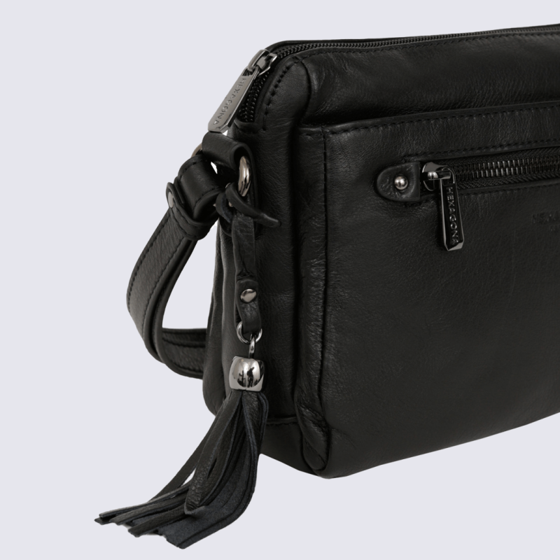 Sac à bandoulière Hexagona, sac à bandoulière femme en cuir noir