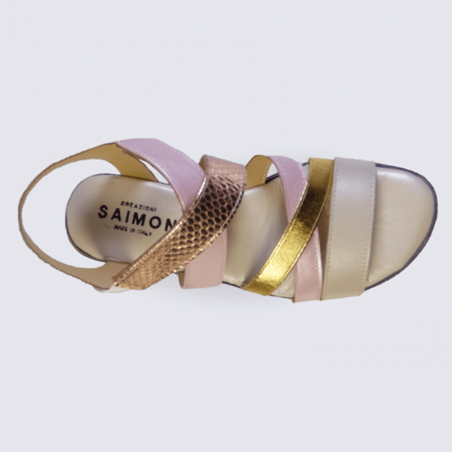 Sandales compensées Saimon en cuir rose et dorée