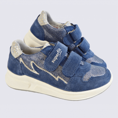 Baskets Superfit, baskets à velcros fille en cuir bleu métallisé