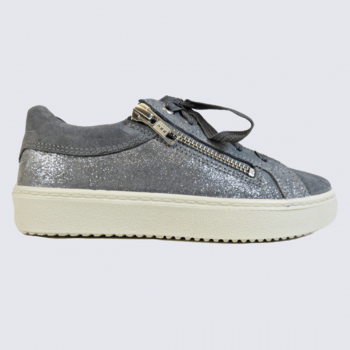 Baskets Superfit, baskets à lacets et glissière fille en cuir gris clair scintillant
