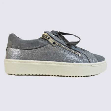 Baskets Superfit, baskets à lacets et glissière fille en cuir gris clair scintillant