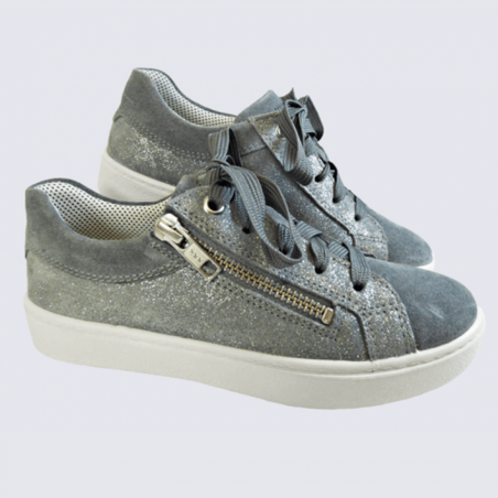 Baskets Superfit, baskets à lacets et glissière fille en cuir gris clair scintillant