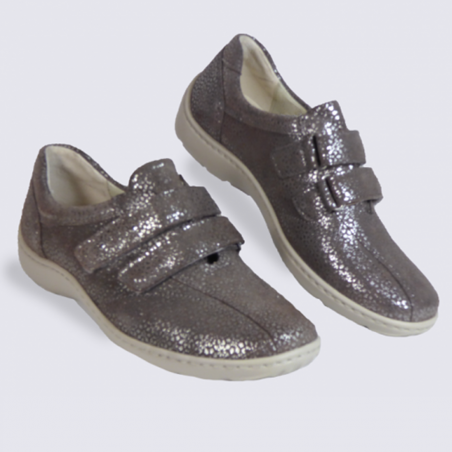 Chaussures Waldlaufer grande largeur femme en cuir taupe brillant