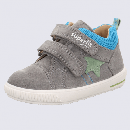 Baskets Superfit, baskets tendances garçons en cuir et textile gris clair