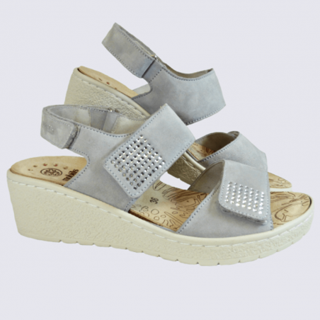 Sandales Mobils, sandales compensées femme en cuir gris clair