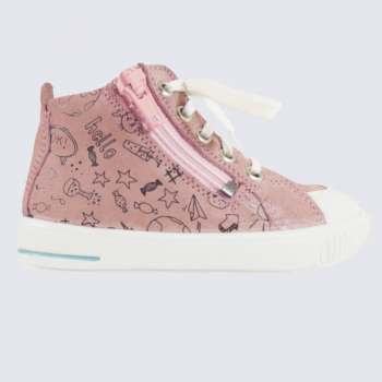 Chaussures Superfit, baskets montantes filles en daim rose et blanc