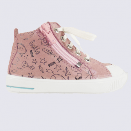 Chaussures Superfit, baskets montantes filles en daim rose et blanc