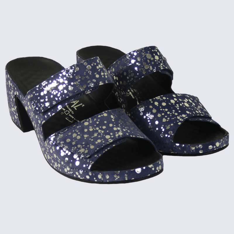Mules Vital, mules ouvertes à talons motif bulles femme en cuir bleu