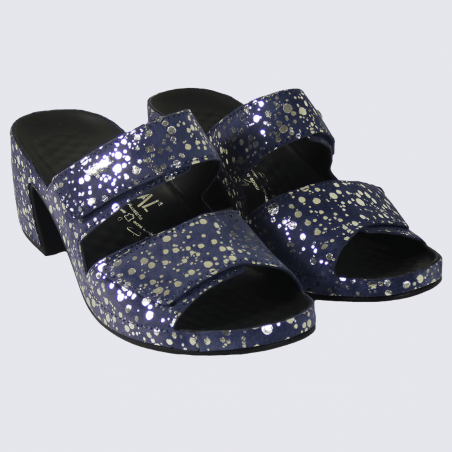 Mules Vital, mules ouvertes à talons motif bulles femme en cuir bleu