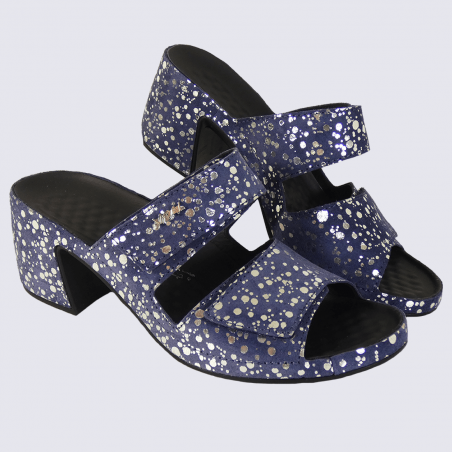 Mules Vital, mules ouvertes à talons motif bulles femme en cuir bleu