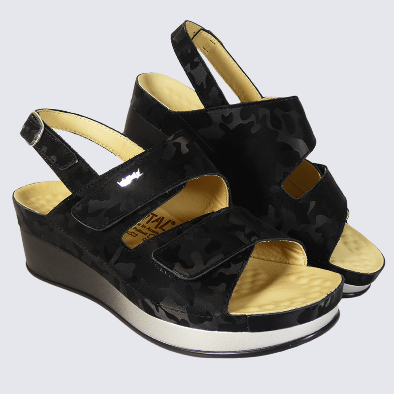 Sandales Vital, sandales compensées motif camouflage femme en cuir noir