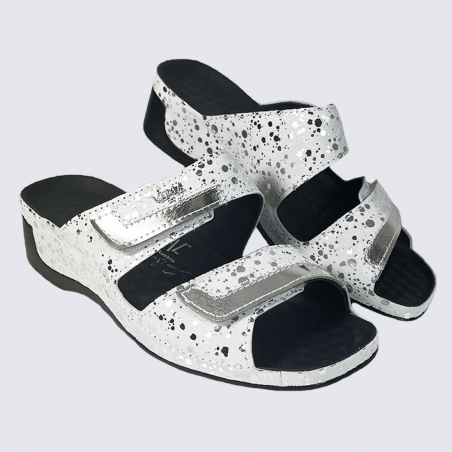 Mules Vital, mules ouvertes compensées motif bulles femme en cuir blanc