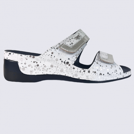 Mules Vital, mules ouvertes compensées motif bulles femme en cuir blanc