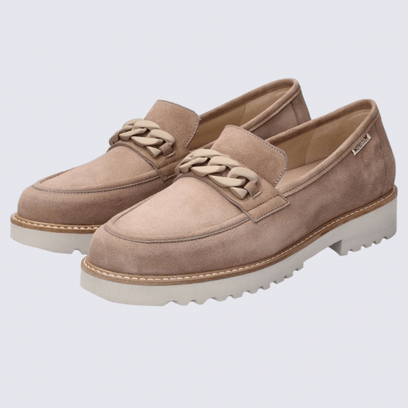 Mocassins Mephisto, mocassins cousu main femme en cuir velours taupe clair