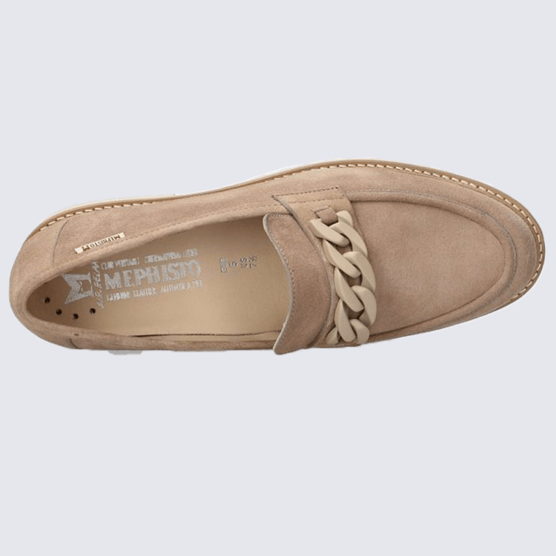 Mocassins Mephisto, mocassins cousu main femme en cuir velours taupe clair