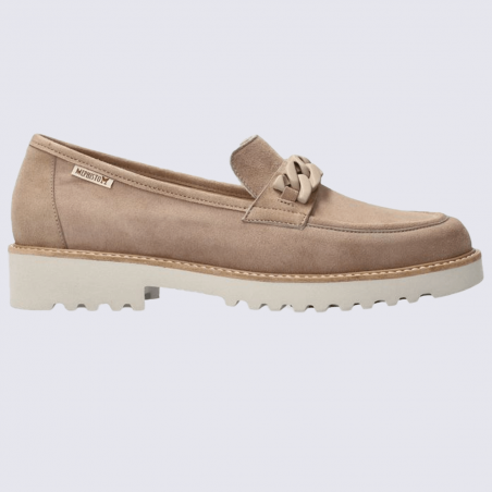 Mocassins Mephisto, mocassins cousu main femme en cuir velours taupe clair