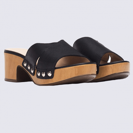 Mules Wonders, mules à talon effet sabot ouvert femme en cuir noir