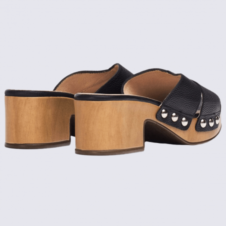 Mules Wonders, mules à talon effet sabot ouvert femme en cuir noir