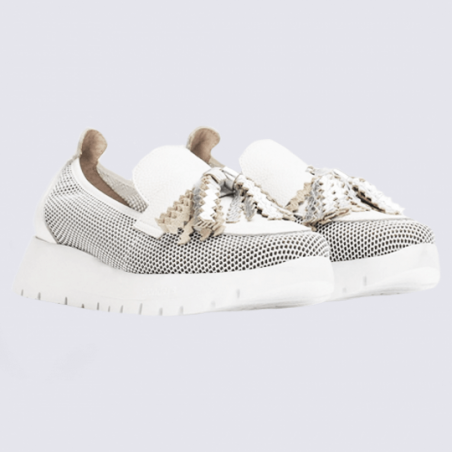 Mocassins Wonders, mocassins pompon tendances femme en cuir et maille blanc