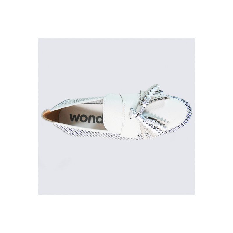 Mocassins Wonders, mocassins pompon tendances femme en cuir et maille blanc