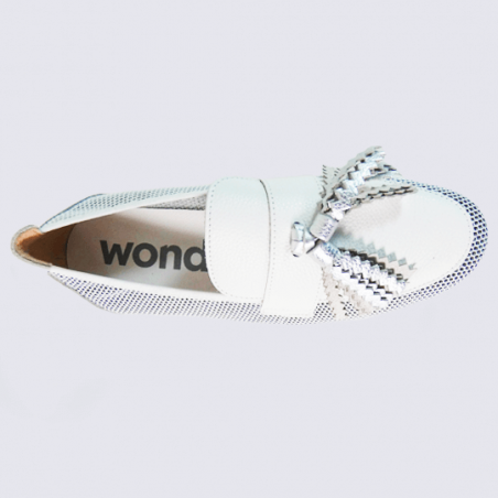 Mocassins Wonders, mocassins pompon tendances femme en cuir et maille blanc