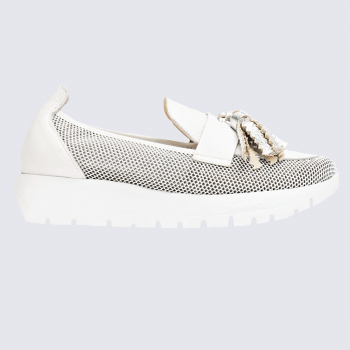Mocassins Wonders, mocassins pompon tendances femme en cuir et maille blanc