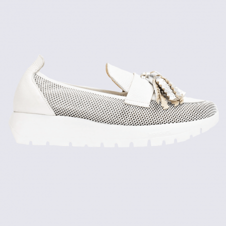 Mocassins Wonders, mocassins pompon tendances femme en cuir et maille blanc