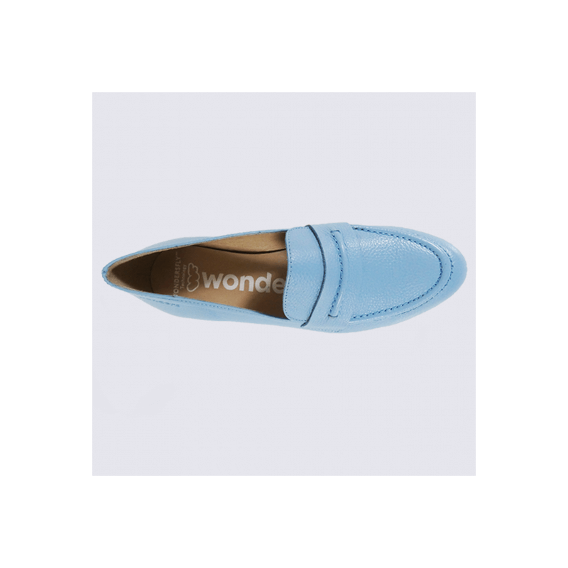 Mocassins Wonders, mocassins talon compensé femme en cuir bleu