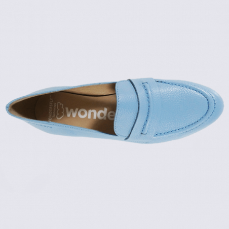 Mocassins Wonders, mocassins talon compensé femme en cuir bleu